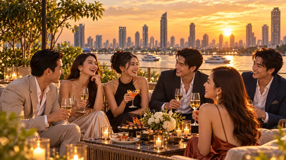 เพื่อนเที่ยวเอนเตอร์เทนร่วมพูดคุยกับกลุ่มเพื่อนในงานเลี้ยงริมแม่น้ำ