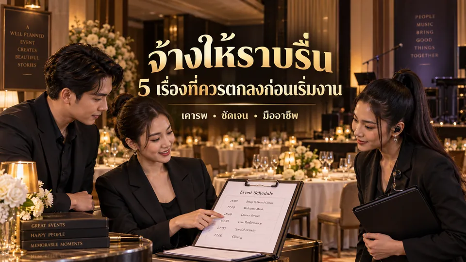 ทีมงานผู้ใหญ่กำลังตรวจตารางรายละเอียดงานเลี้ยงก่อนเริ่มงานในห้องจัดเลี้ยงโทนแอมเบอร์ พร้อมข้อความ 5 เรื่องที่ควรตกลงก่อนเริ่มงานบนภาพ