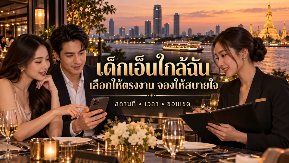 ทีมงานผู้ใหญ่กำลังช่วยตรวจรายละเอียดการจองในร้านอาหารริมน้ำกรุงเทพฯ ช่วง Golden Hour พร้อมข้อความเด็กเอ็นใกล้ฉันบนภาพ