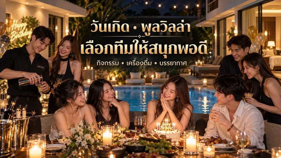 กลุ่มผู้ใหญ่ฉลองวันเกิดในพูลวิลล่าช่วงค่ำพร้อมทีมดูแลบรรยากาศและข้อความงานวันเกิดบนภาพ