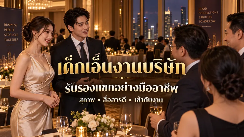 ทีมงานผู้ใหญ่กำลังต้อนรับแขกในงานบริษัทและงานรับรองแขกภายในห้องจัดเลี้ยงโทนแอมเบอร์ พร้อมข้อความงานบริษัทบนภาพ