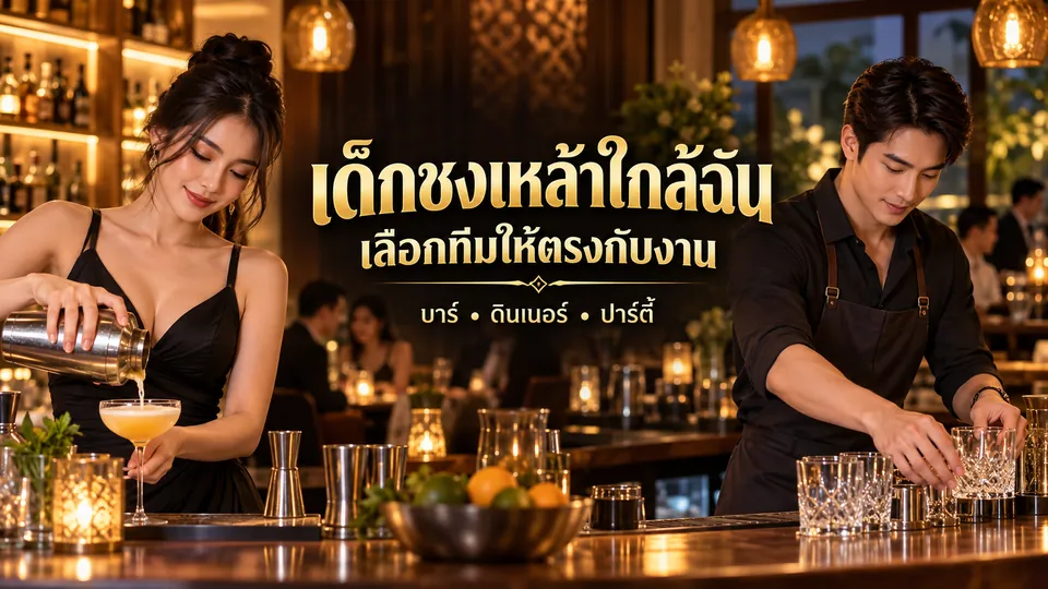 ผู้หญิงผู้ใหญ่กำลังเตรียมค็อกเทลในบาร์ร้านอาหารโทนแอมเบอร์ พร้อมข้อความเด็กชงเหล้าใกล้ฉันบนภาพ