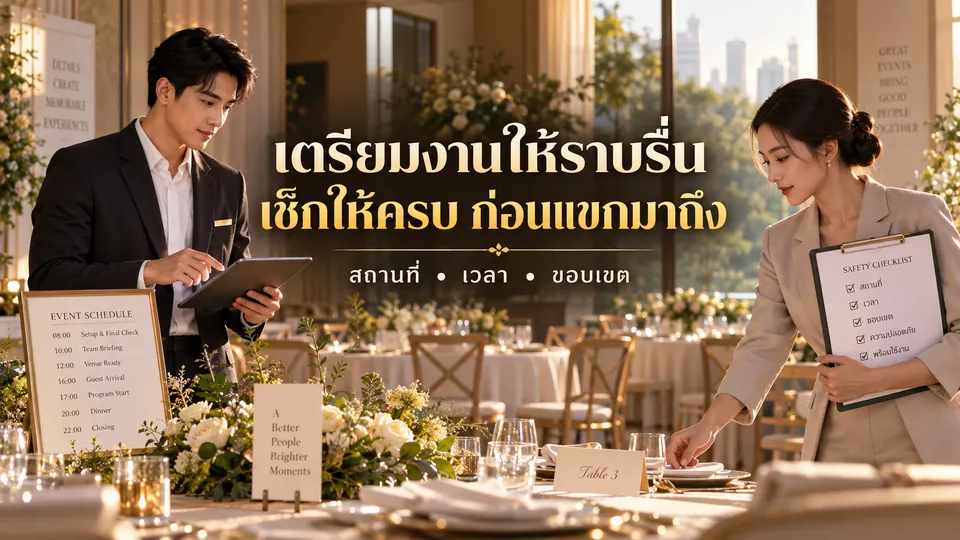 สถานที่จัดงานเลี้ยงกำลังเตรียมโต๊ะและตรวจรายละเอียดก่อนแขกมาถึง พร้อมข้อความเตรียมงานให้ราบรื่นบนภาพ