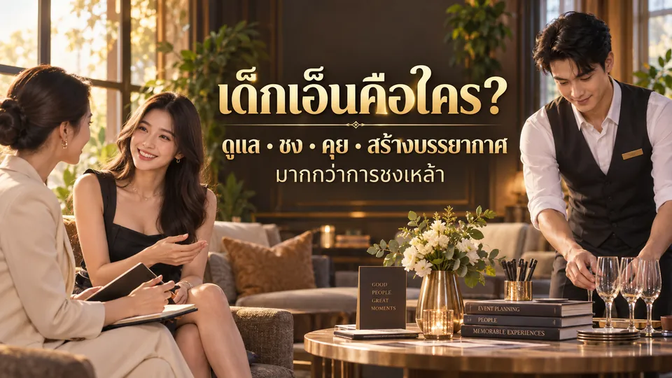 ทีมผู้ใหญ่กำลังพูดคุยและเตรียมเครื่องดื่มในเลานจ์โทน Golden Hour พร้อมข้อความเด็กเอ็นคือใครบนภาพ