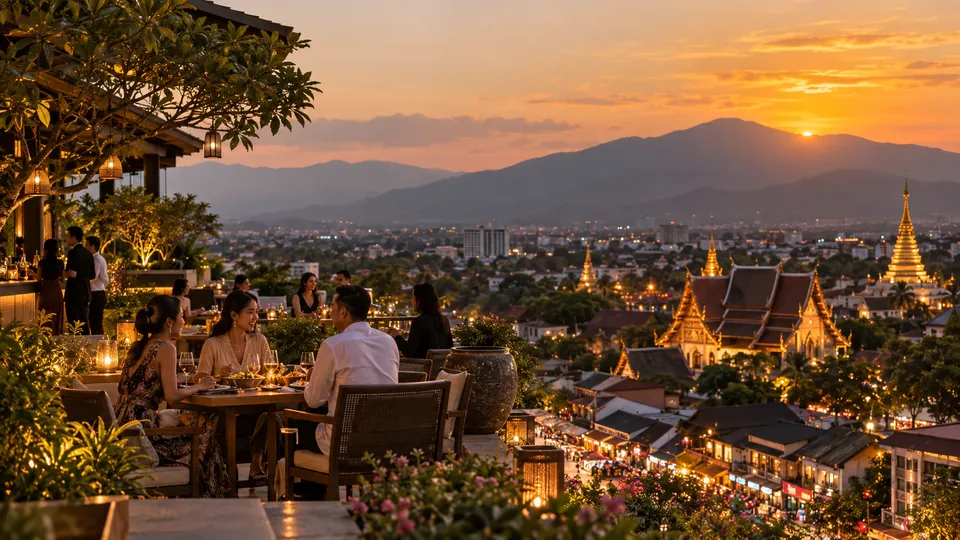 เมืองเชียงใหม่ ภูเขา และบรรยากาศร้านอาหารยามเย็น