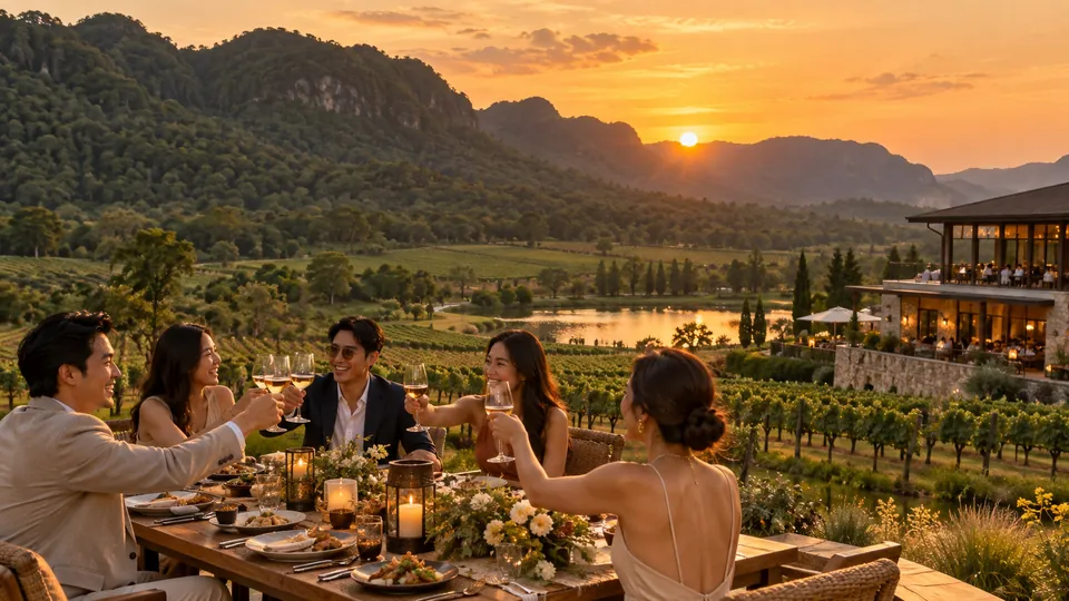ภูเขา ไร่องุ่น และบรรยากาศร้านอาหารยามเย็นในเขาใหญ่