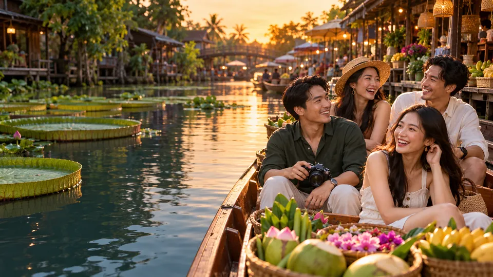 บรรยากาศงานเลี้ยงริมแม่น้ำเจ้าพระยาในนนทบุรีช่วง Golden Hour