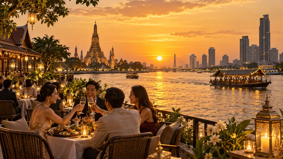 ริมแม่น้ำเจ้าพระยา วัด และบรรยากาศร้านอาหารยามเย็นในนนทบุรี