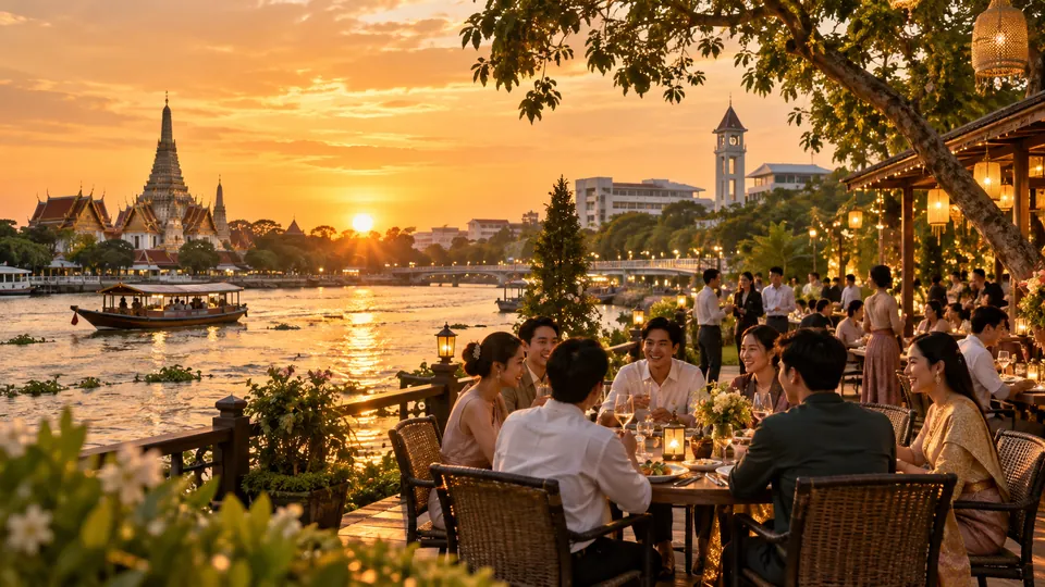 ริมแม่น้ำ วัด และบรรยากาศร้านอาหารยามเย็นในปทุมธานี