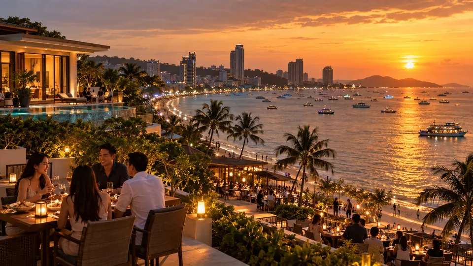 พัทยาและบรรยากาศร้านอาหารริมทะเลยามเย็น
