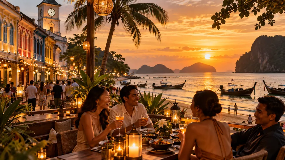 ย่านเมืองเก่าภูเก็ต ชายหาด และบรรยากาศร้านอาหารยามเย็น
