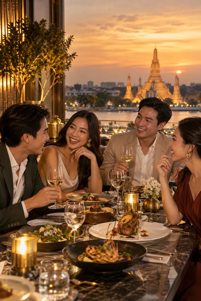 กลุ่มเพื่อนรับประทานอาหารและชนแก้วพร้อมวิวแม่น้ำยามพระอาทิตย์ตก