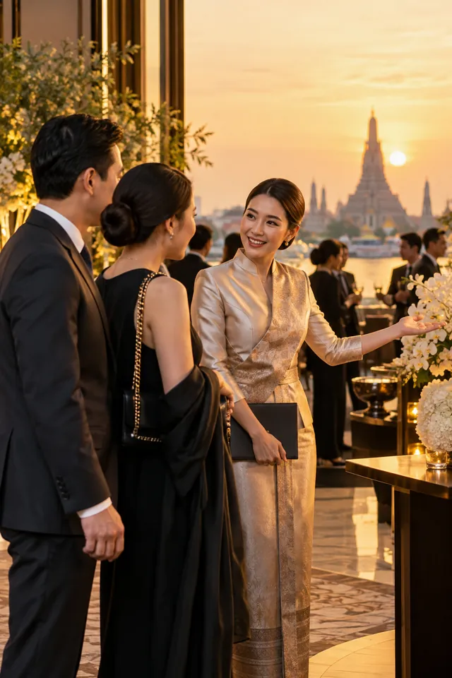 เด็กเอ็นกำลังต้อนรับแขกในงานเลี้ยงริมแม่น้ำช่วงเย็น