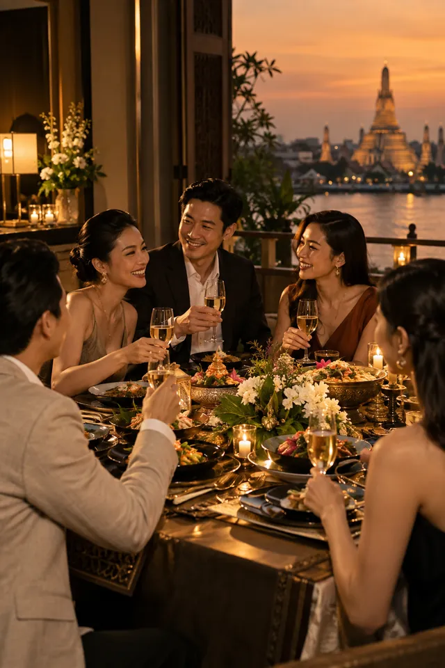 กลุ่มแขกนั่งรับประทานอาหารและพูดคุยในดินเนอร์ส่วนตัวริมแม่น้ำ