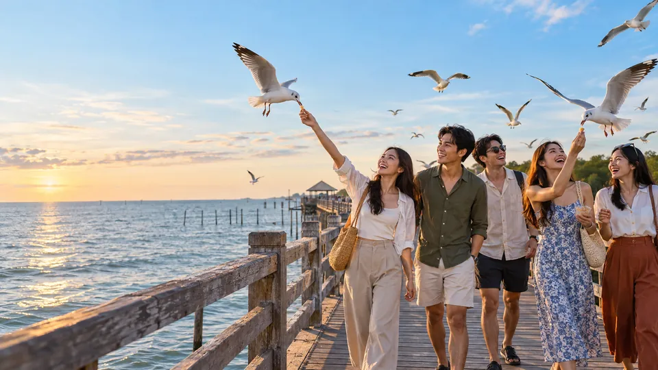 บรรยากาศงานเลี้ยงริมแม่น้ำและบางปูในสมุทรปราการช่วง Golden Hour