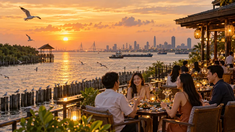 บางปู ปากแม่น้ำเจ้าพระยา และบรรยากาศร้านอาหารยามเย็นในสมุทรปราการ