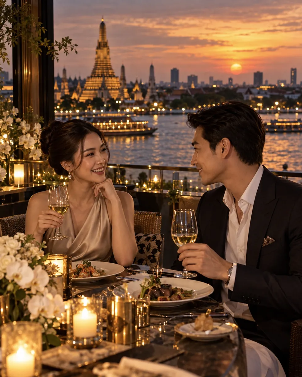 คู่รักรับประทานอาหารและพูดคุยบน Rooftop ริมแม่น้ำช่วงพระอาทิตย์ตก