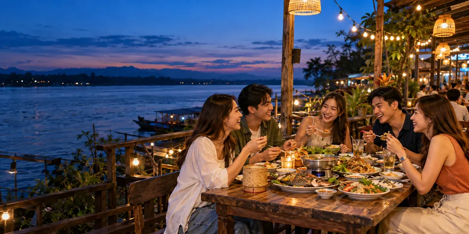 กลุ่มเพื่อนรับประทานอาหารริมแม่น้ำโขงในอุบลราชธานี