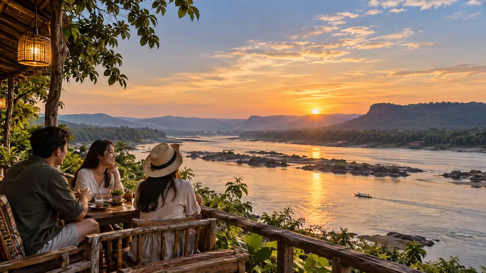 อุบลราชธานีและบรรยากาศร้านอาหารริมแม่น้ำโขง
